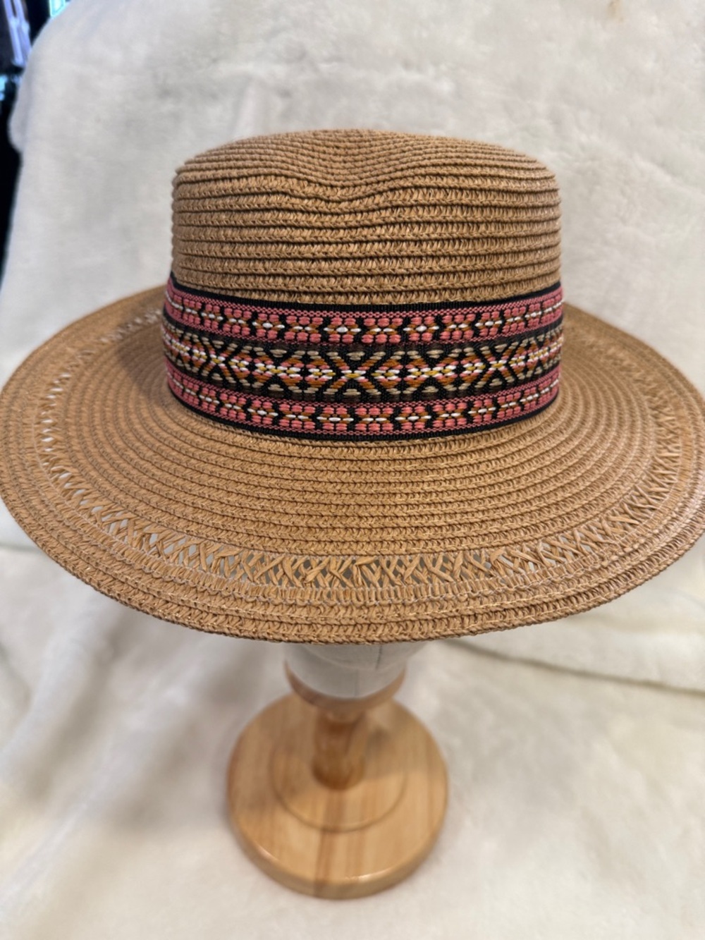 Do everything in love Tan Straw Hat with Pink & Black Trim